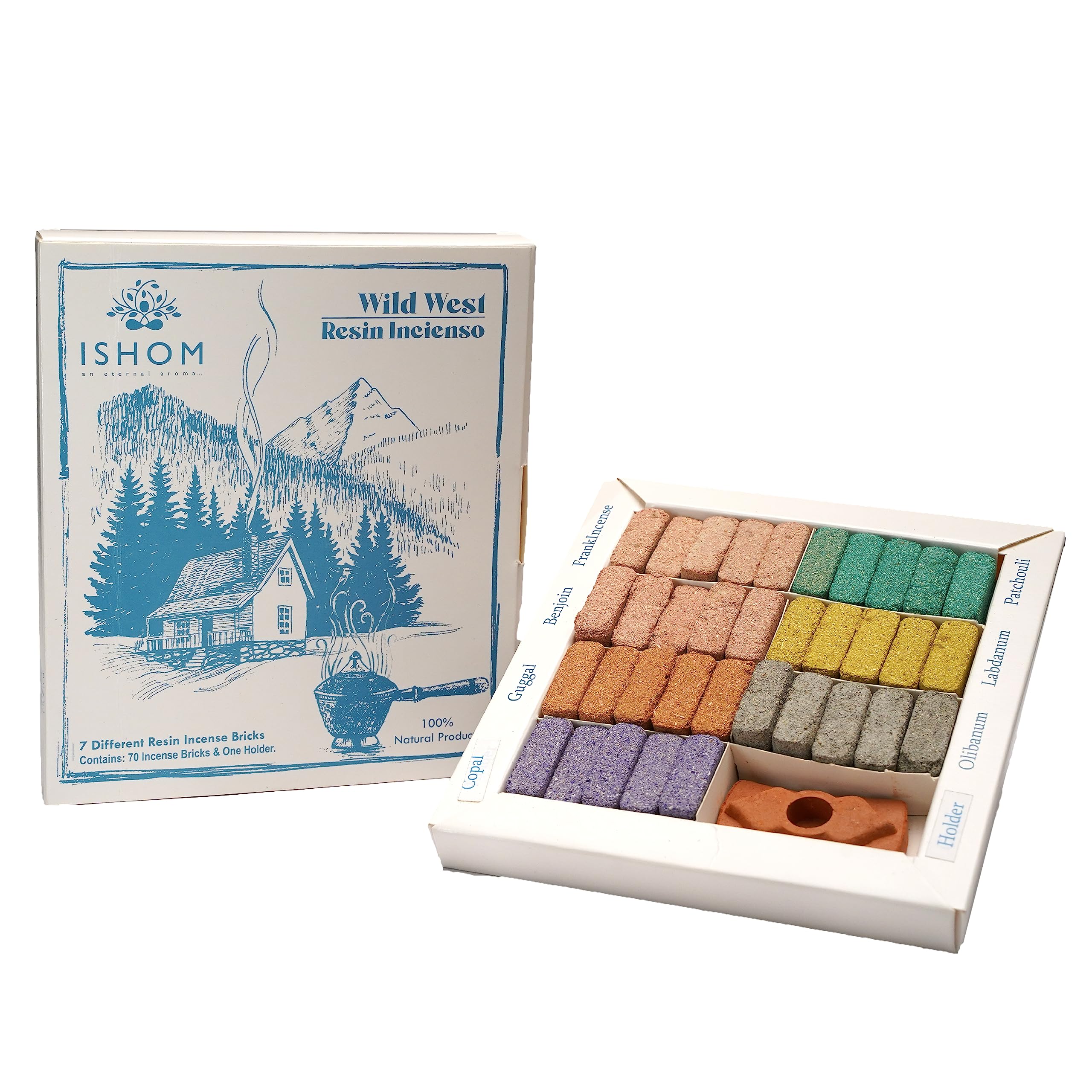 ISHOM Wild West Smudge Incense 70 Bricks with Holder Combo, 7 Natural Aromatic Fragrances, Copal, Guggal, Benzoin - Image 3
