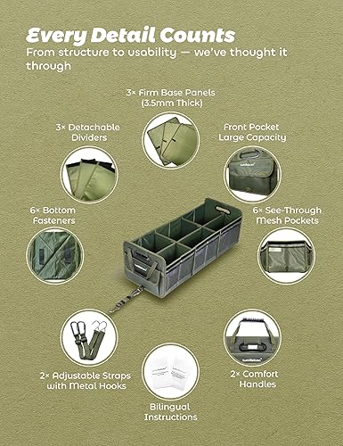 Miniatura 4 de Organizador plegable para maletero de automóvil con tapa desmontable, tela 1680D resistente, paneles de polipropileno de 0.138 in,