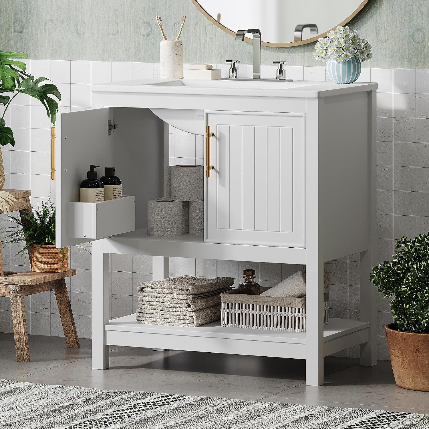 30-Inch White Bathroom Vanity with Ceramic Sink and Versatile Storage - Ideal for Small Bathrooms, White