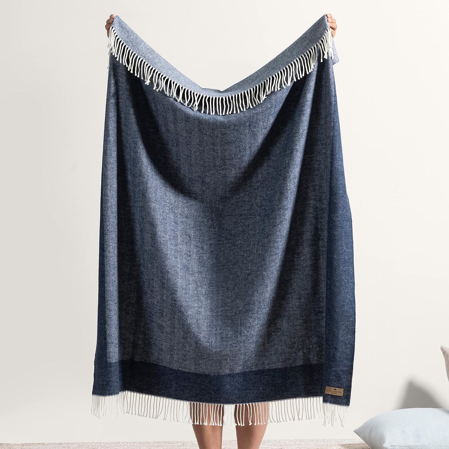 Lands Downunder All-Season, Luxury Navy Border Herringbone Throw – Soft Woven Throw with Decorative Fringe – Made in Italy – 51”W x 67”L - Perfect for Gifting