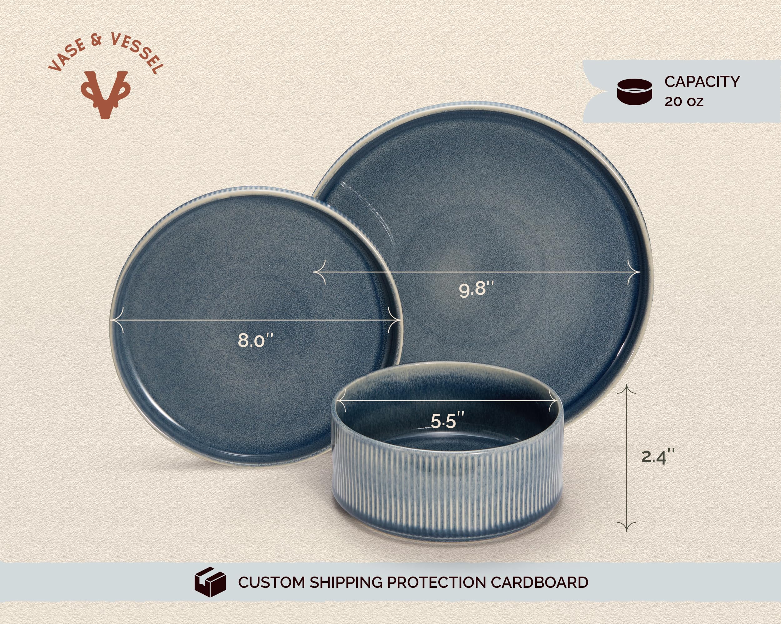 Vajilla de cerámica, por Vase and Vessel, servicio de 12 piezas para 4, platos llanos de 9.8 pulgadas, platos de ensalada de 8 pulgadas, cuencos de 20 onzas, esmalte reactivo degradado, cerámica