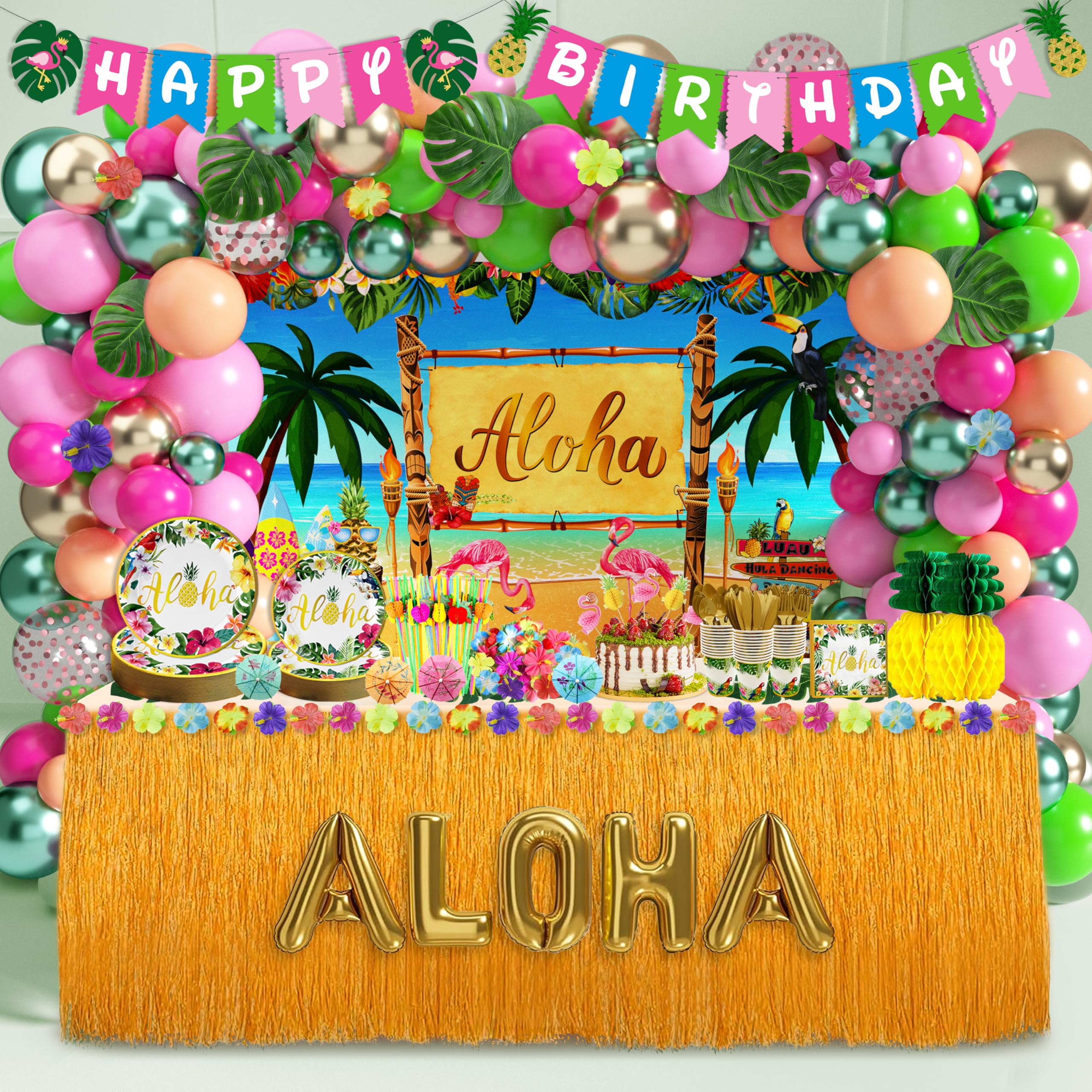 Luau Birthday Party Decorations 321Pcs Hawaiian Tropical Aloha Party Supplies for Summer Beach Holiday Disposable Dinnerware Set (24 Guest) Table