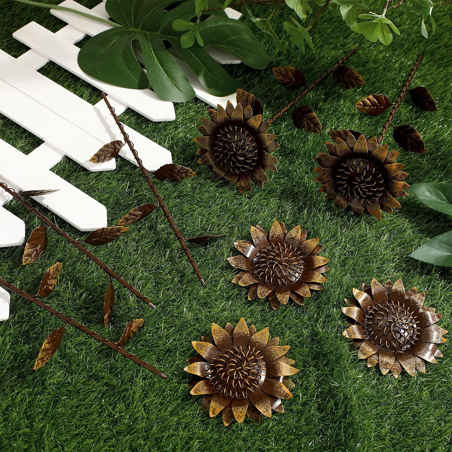 AceOrbit 5 Pcs Rusty Garden Stakes for Outside 11.8" Metal Art Decor Bed Decor Weatherproof 3D Rusty Plant Pick for Farmhouse Outdoor Yard Lawn Patio Walkway Pathway Decoration (Sunflower)