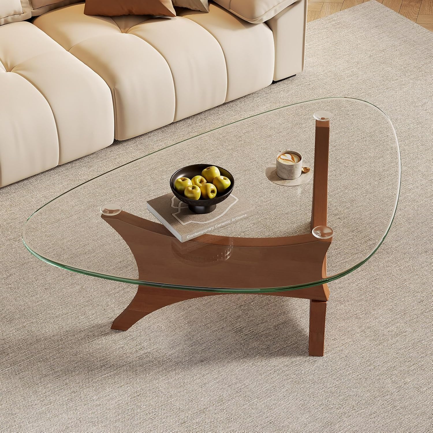 Glass Coffee Table Mid-Century Modern Coffee Table for Living Room Center Table Suitable for Bedroom Living Room Reception Office Tables(Walnut/Transparent,Medium) - Image 3