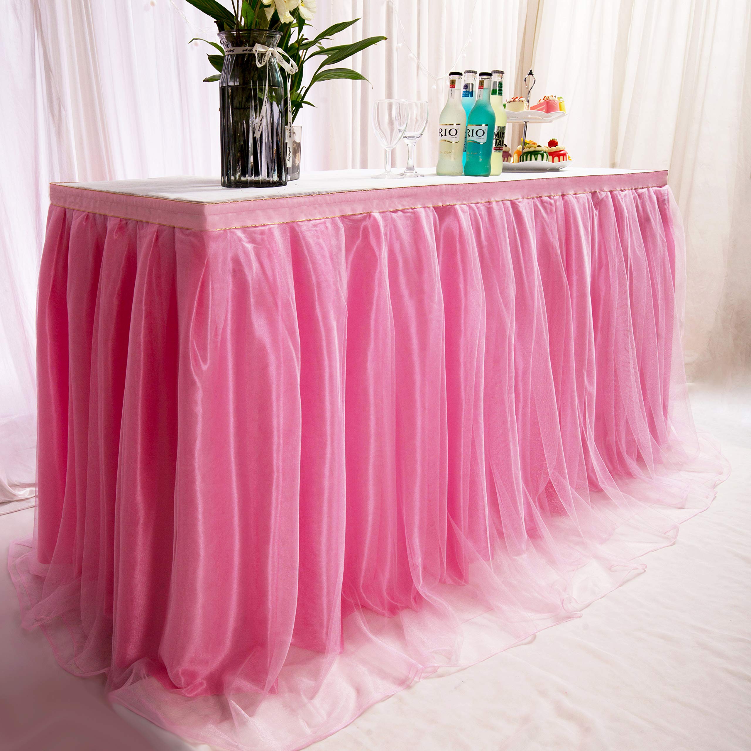 9ft / 274cm Rose Jupe de Table, Gaze de Bureau en Tulle Romantique, décoration de Table, Nappe de Tutu Flocon de Neige au Pays des Merveilles, pour Shower, Mariage, fête, Bar