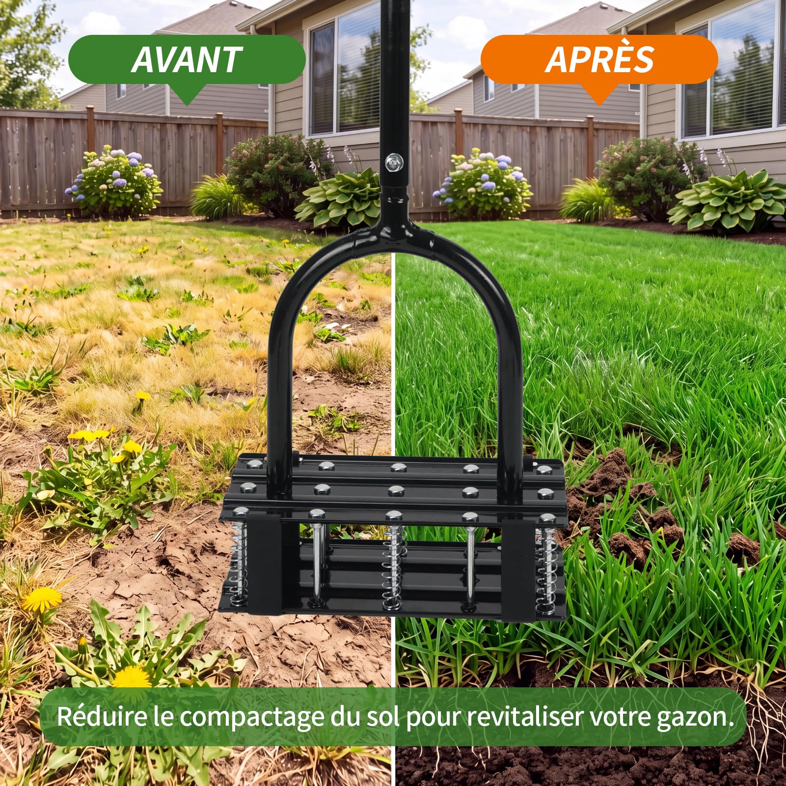 EYMPEU Aérateur de Gazon 15 Pointes Acier, 2-en-1 avec 6 Ressorts, Manuel, 3 hauteurs, pour Petites et Moyennes pelouses.