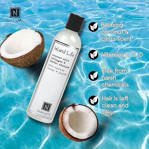 Miniatura 6 de Nabila K Champú de colágeno y biotina, 9 onzas, Island Life, leche de coco, miel de manuka y jojoba, limpiador, hidratante, seguro para el color,