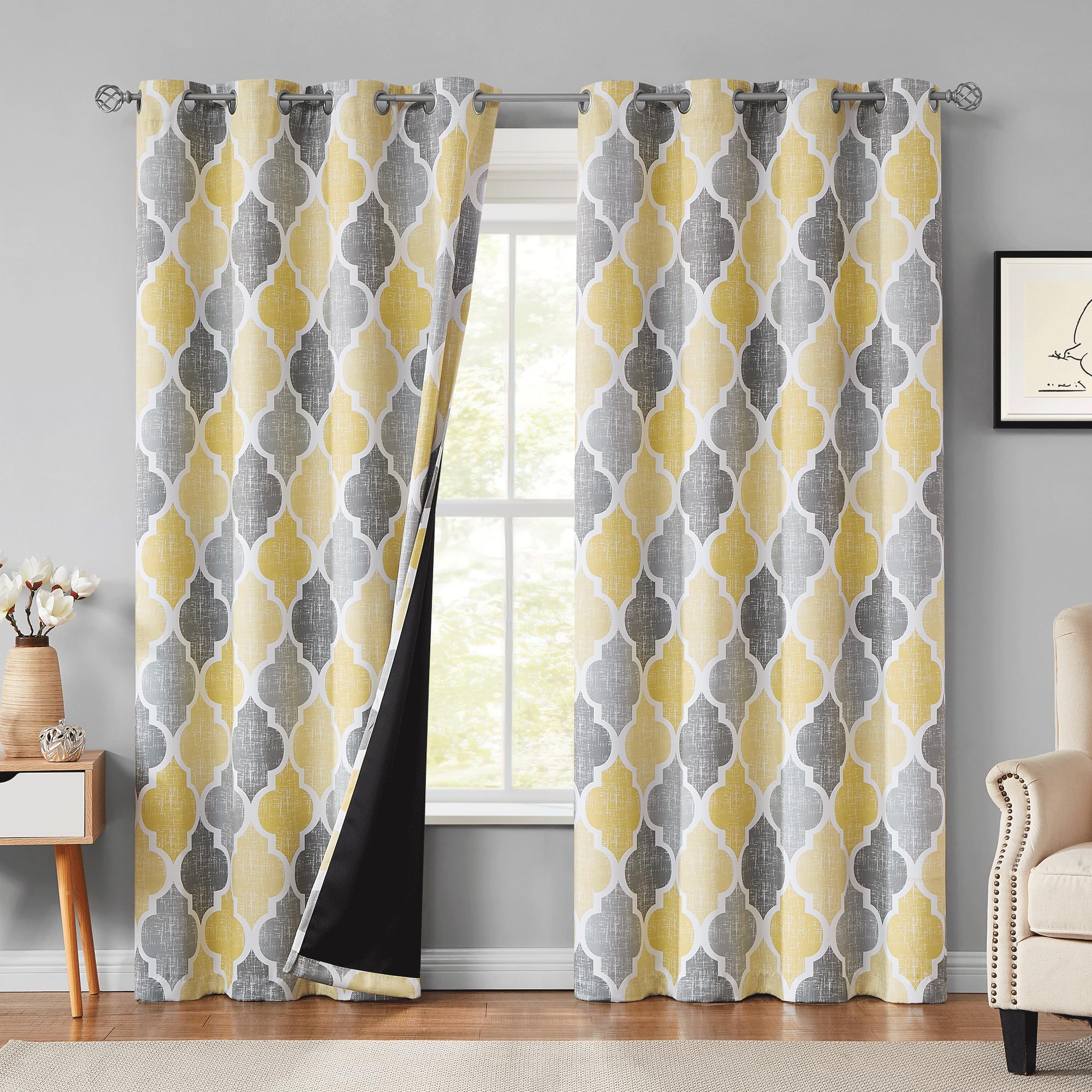 Beauoop 100% Blackout Curtains 108 Inches Long 2 Panels for Bedroom Living Room Yellow Grey Moroccan Geo Room Darkening Thermal Insulated Soundproof