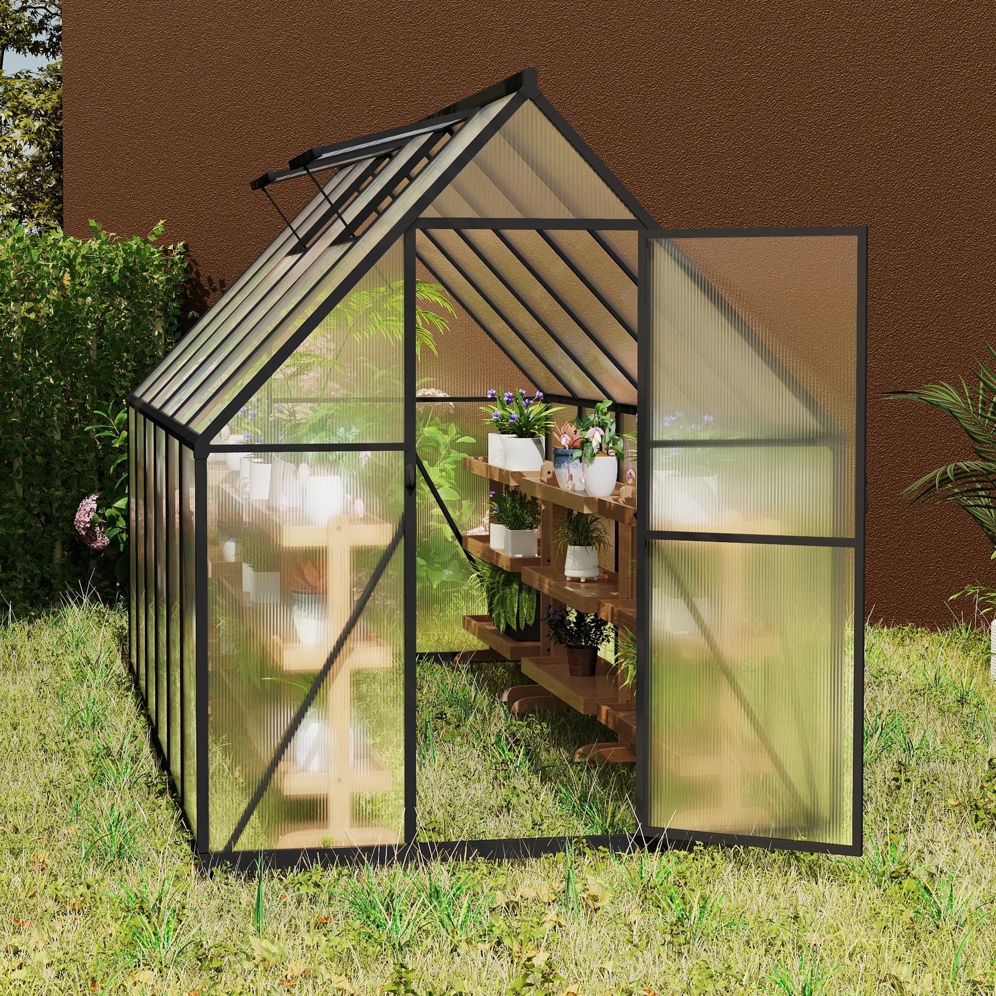 LZQ Gartengewächshaus Aluminium mit Fundament 340x180x195 cm Gewächshaus Pflanzenhaus mit Schiebetür und Dachfenster Treibhaus Gartenhaus Winterfest Aufzucht Tomatenhaus (6x12 ft)
