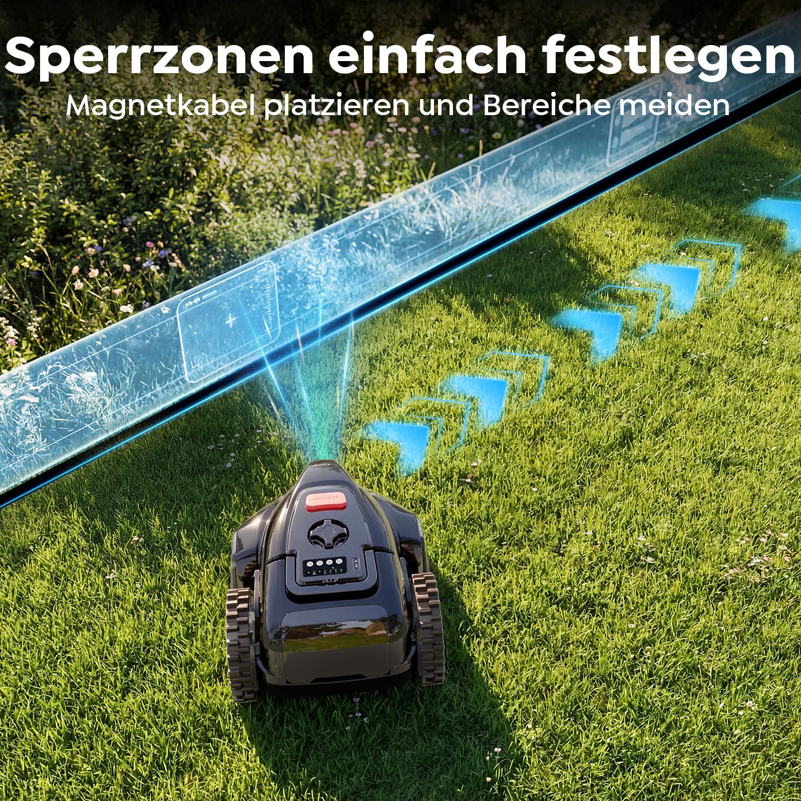 YARDCARE V3 Mähroboter ohne Begrenzungskabel, KI-Visionsnavigation, 150+ Hinderniserkennung, App-Steuerung, bürstenloser Motor, 50 dB, einstellbare Schnitthöhe, für kleine Gärten