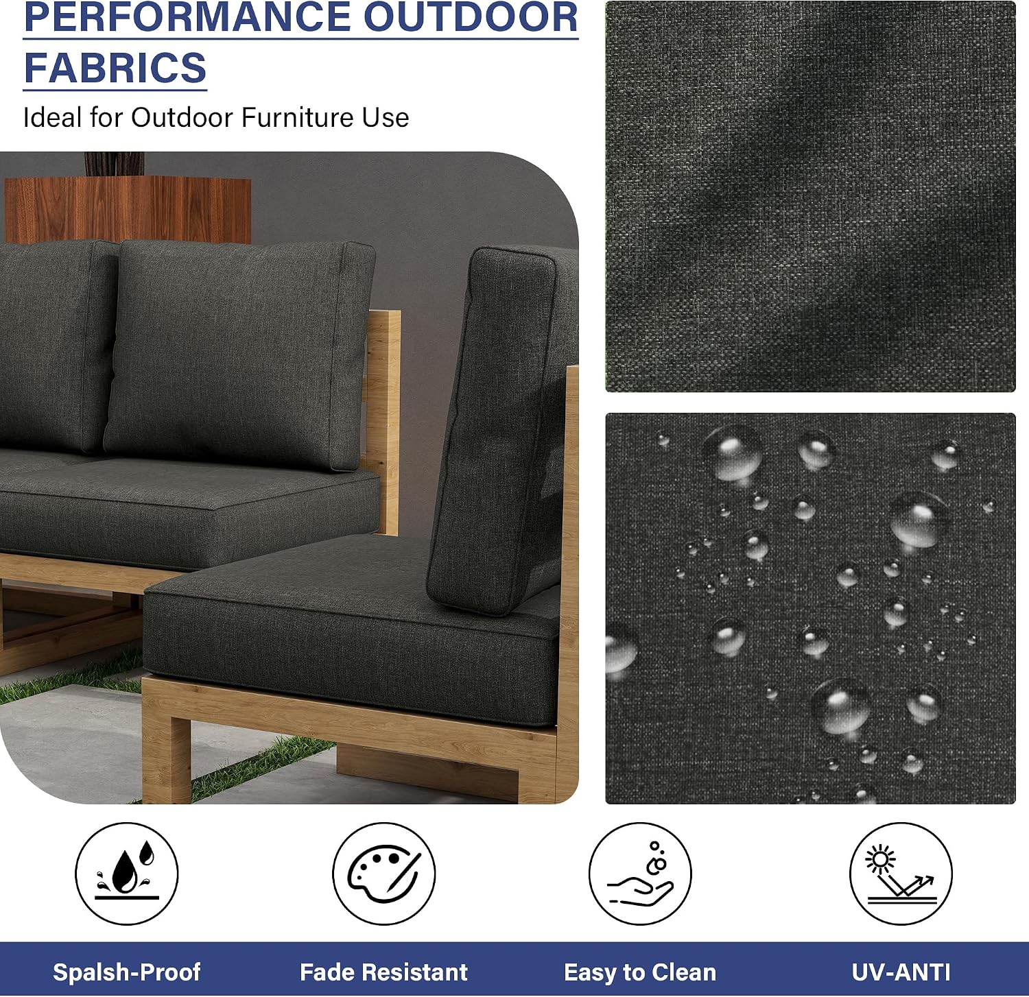 UIXE Deep Seat Outdoor Cushion Set with Back Pillows, Patio Furniture Replacement Cushions, Sectional Sofa Bistro Chair Cushion Slipcover - Dark Gray, Set of 1