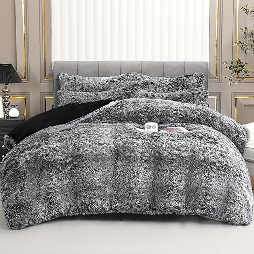 Miniatura 25 de Juego de funda de edredón de felpa esponjosa, tamaño Queen, juego de funda de edredón de terciopelo ultrasuave de lujo, 4 piezas