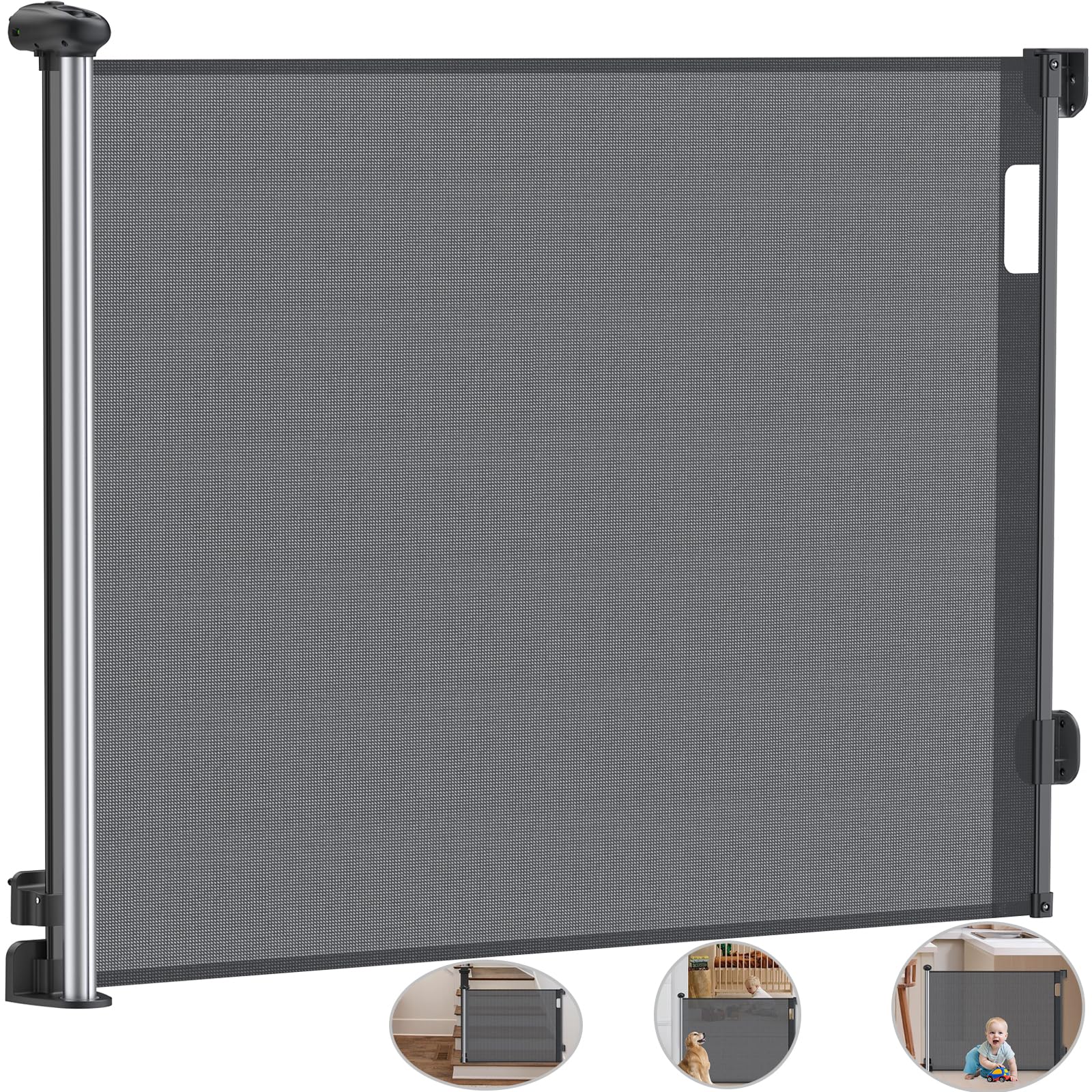 HOMGEN Retractable Stair Baby Gates 180cm/71Inch Long Mesh Baby Gate Auto-Retraction with Dual Lock Extendable Stair Gate 86cm/34Inch Tall Retractable Dog Gate PVC Tear-resistant Pet Gate -Black