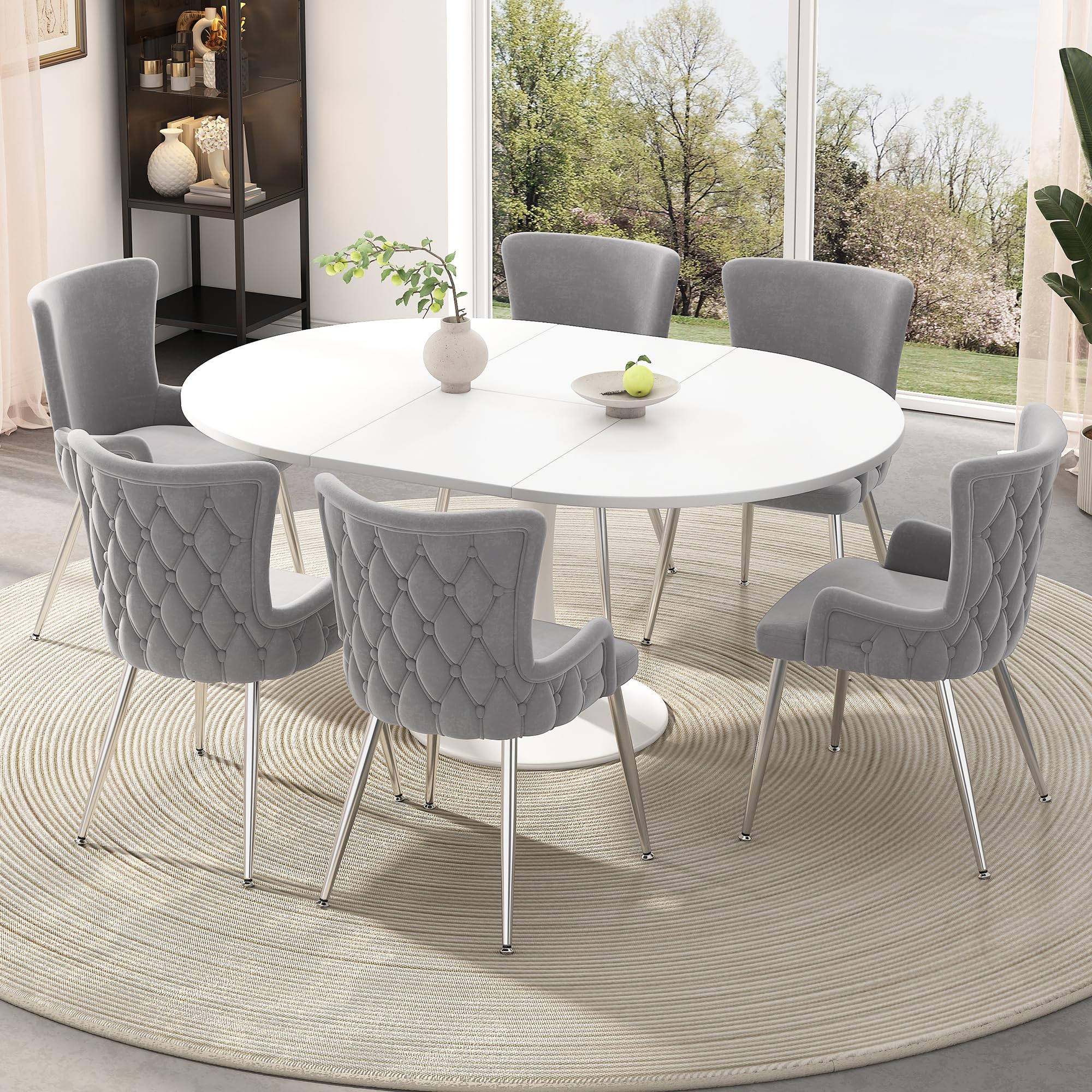 Bladez Juego de 4 sillas de comedor de terciopelo, sillas de salón con patas de metal, color beige (4, gris y plateado, 47 x 49 x 85)