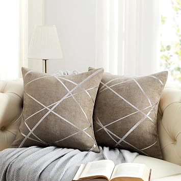GIGIZAZA Decorative Taupe Throw Pillow Covers 18 x 18,Sofa Thick Chenille Velvet Stripe Cushion Pillow Covers,Square Brown Luxury Pillows 2 Set