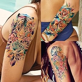 COKTAK 67 Sheets Watercolor Rose Flower Temporary Tattoos For Women Girls, 12 Sheets Colorful Arm Sleeve Tattoos For Adults Floral Snake Tiger, 53 Sheets Groovy Small Semi Permanent Fake Tattoos Kids