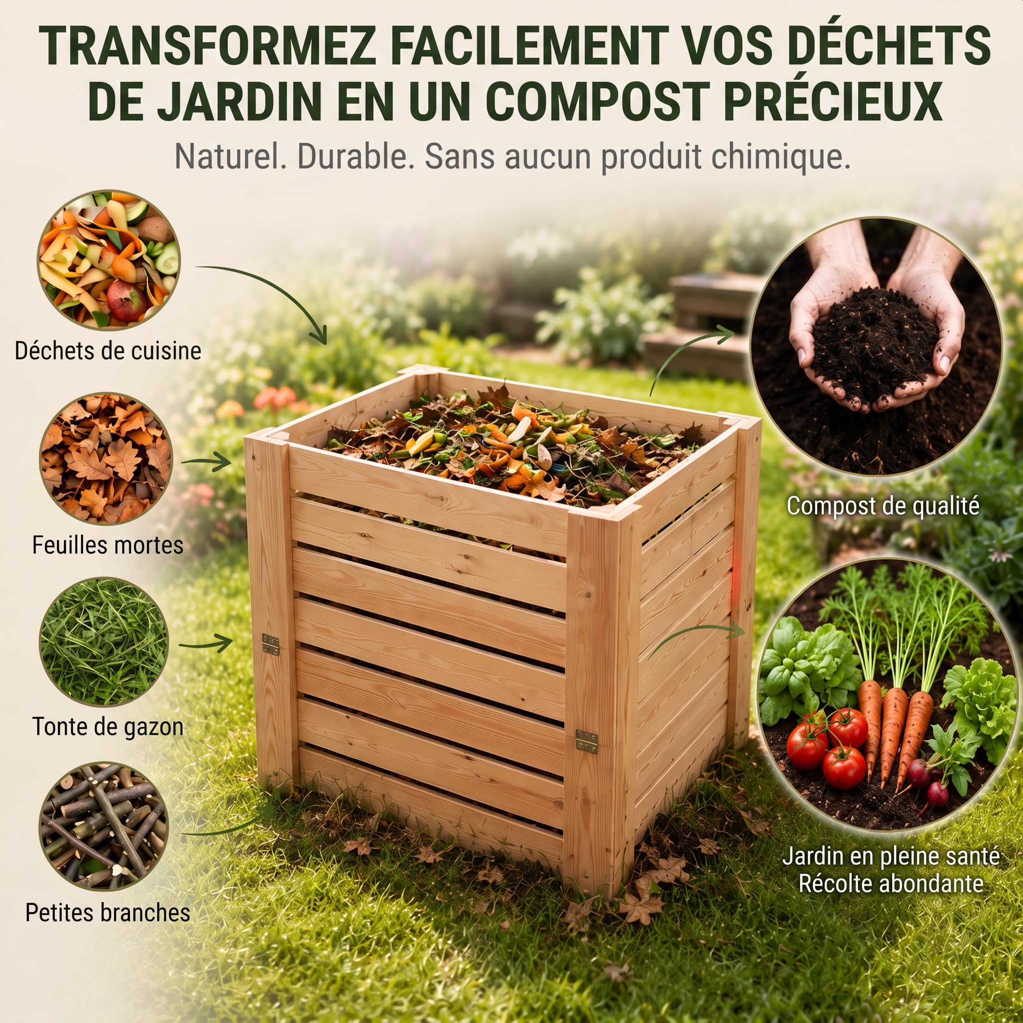 VELORA H&L Composteur 512 L - Composteur de Jardin en Bois Naturel avec Trappe de Récupération, Bac à Compost pour Déchets Verts et Déchets Organiques