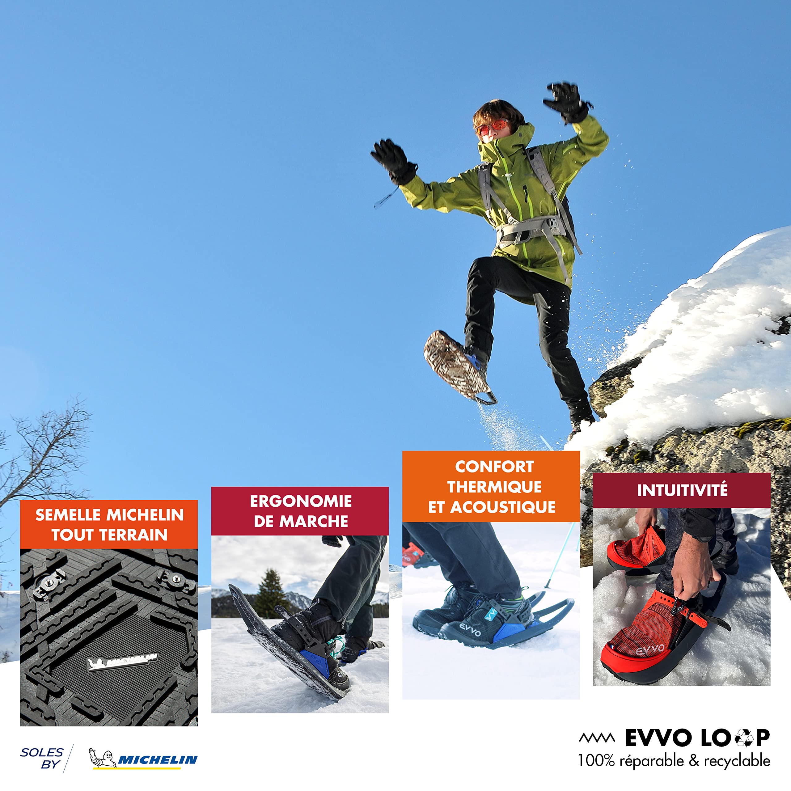 EVVO - Originale - Raquette à Neige Made in France avec Semelles Cloutées Michelin®, Fixations Réglables, pour Homme et Femme avec Sac de Transport Inclus, Tout Terrain, Randonnée Neige