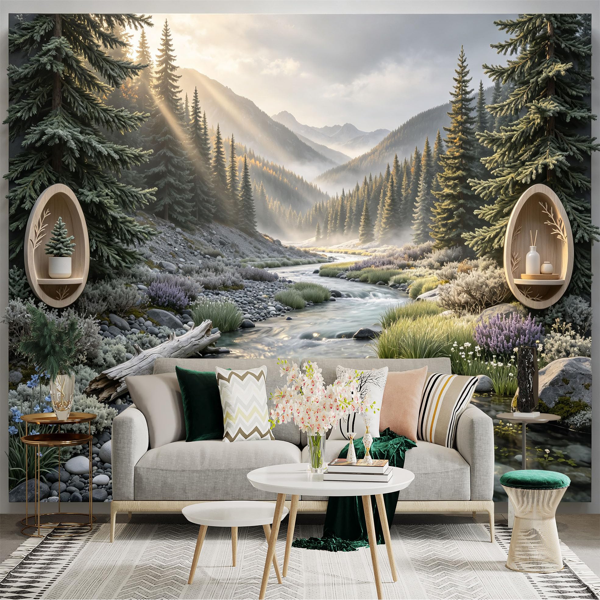 Lnzczhyre Bh260719807 Custom Size Wall Sticker Mural， Serene Mountain River Landscape， Misty Forest Morning， Nature Scenery， Zen Shelves Decor， For Wall Decoration， Peelandstick Wall Decals.