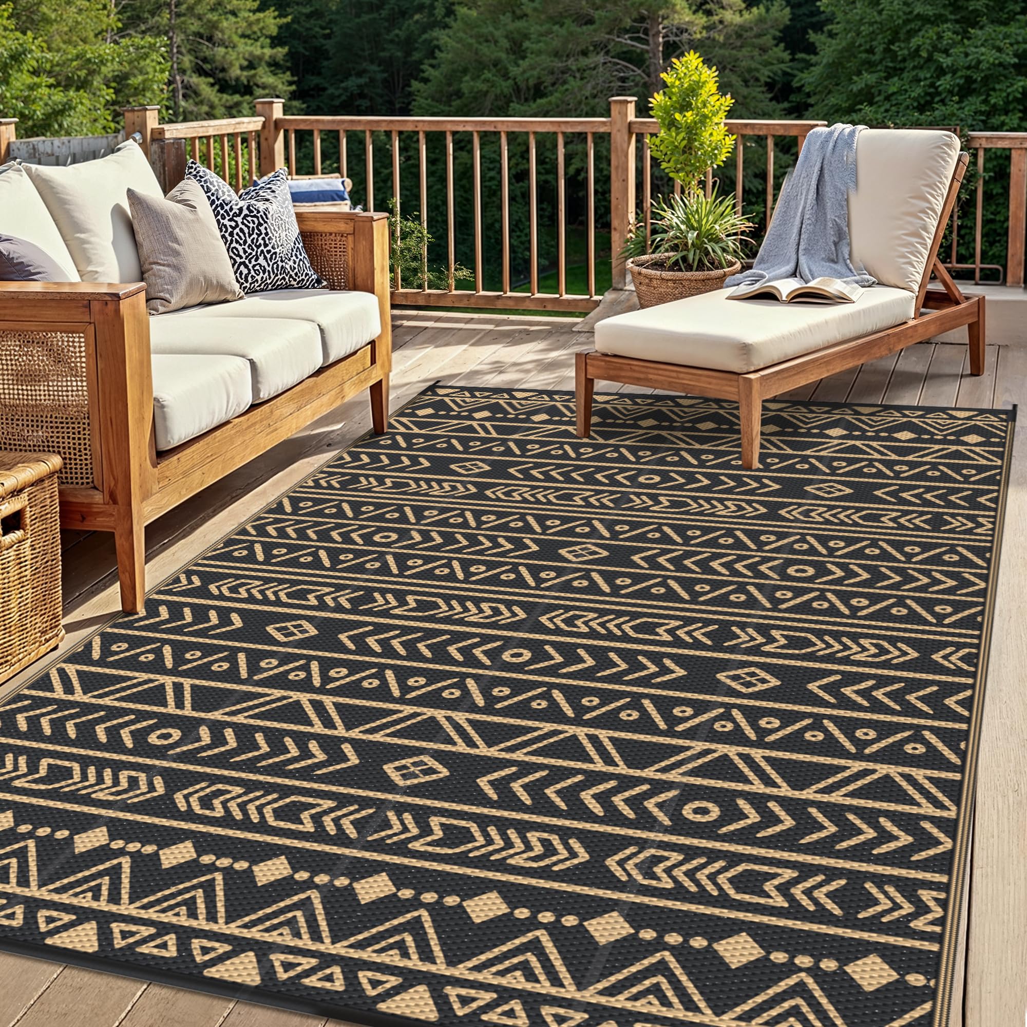 GENIMO Tappeto da Esterno 6x9 FT (183x274 cm) Design Boemo Nero e Marrone Impermeabile Reversibile
