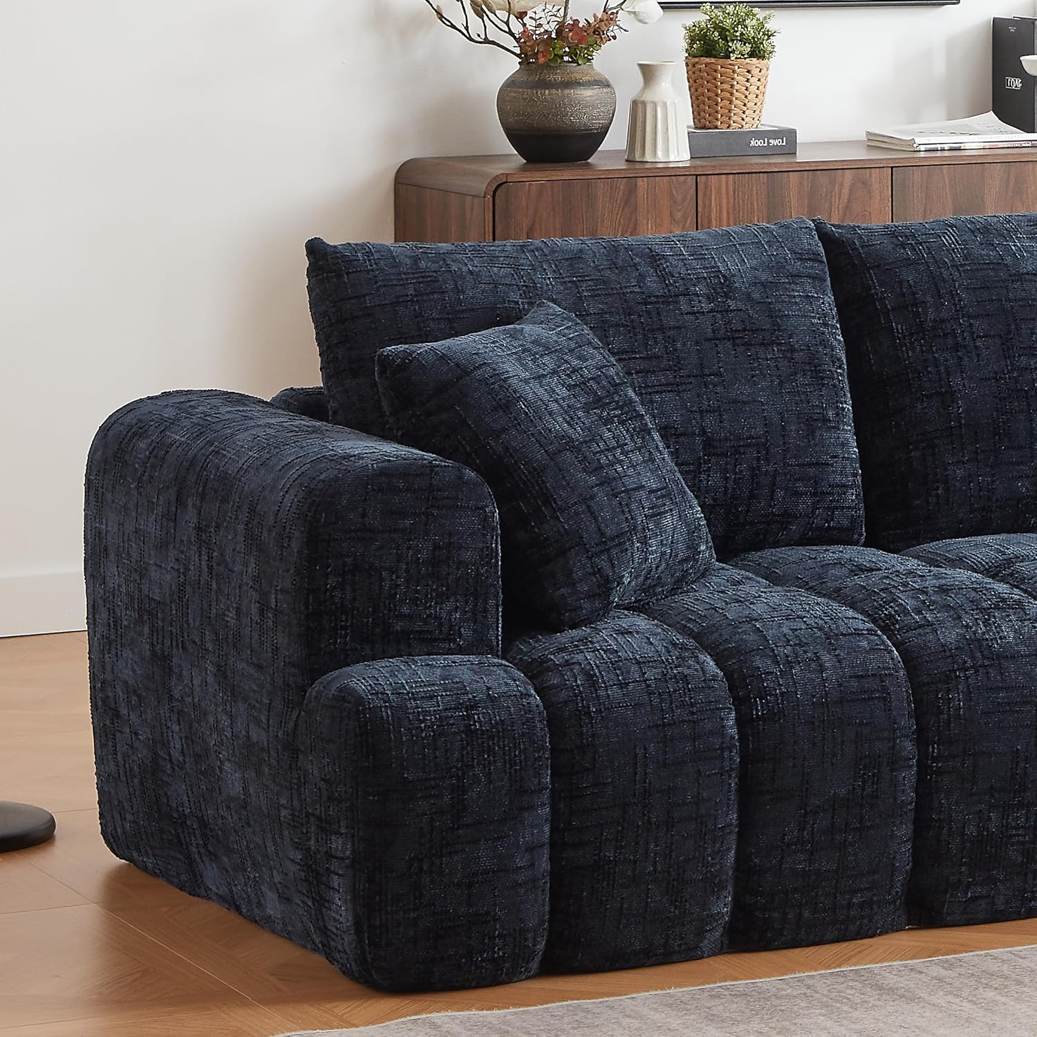 108.3" Chenille Luxury Sectional Oversized Sofa,Mnimalist L-Shape Couch with 2 Pillow,Comfortable Chaise Lounge,No Assembly Required,for Living Room,Reception Area,Dark Blue+Right Recliner