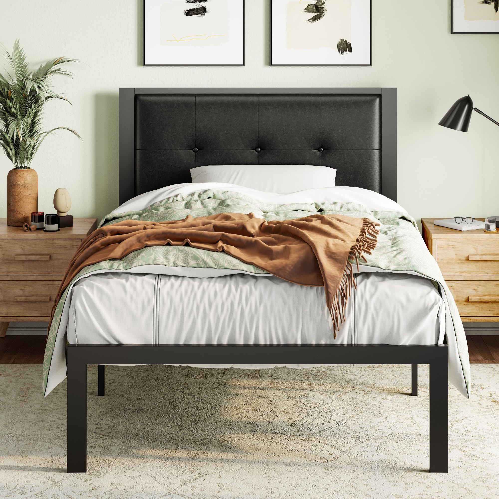 IMUseeTwin Size Bed Frame with Headboard, Faux Leather Upholstered Button Tufted Style, Strong Metal Support, No Box Spring Needed, Black