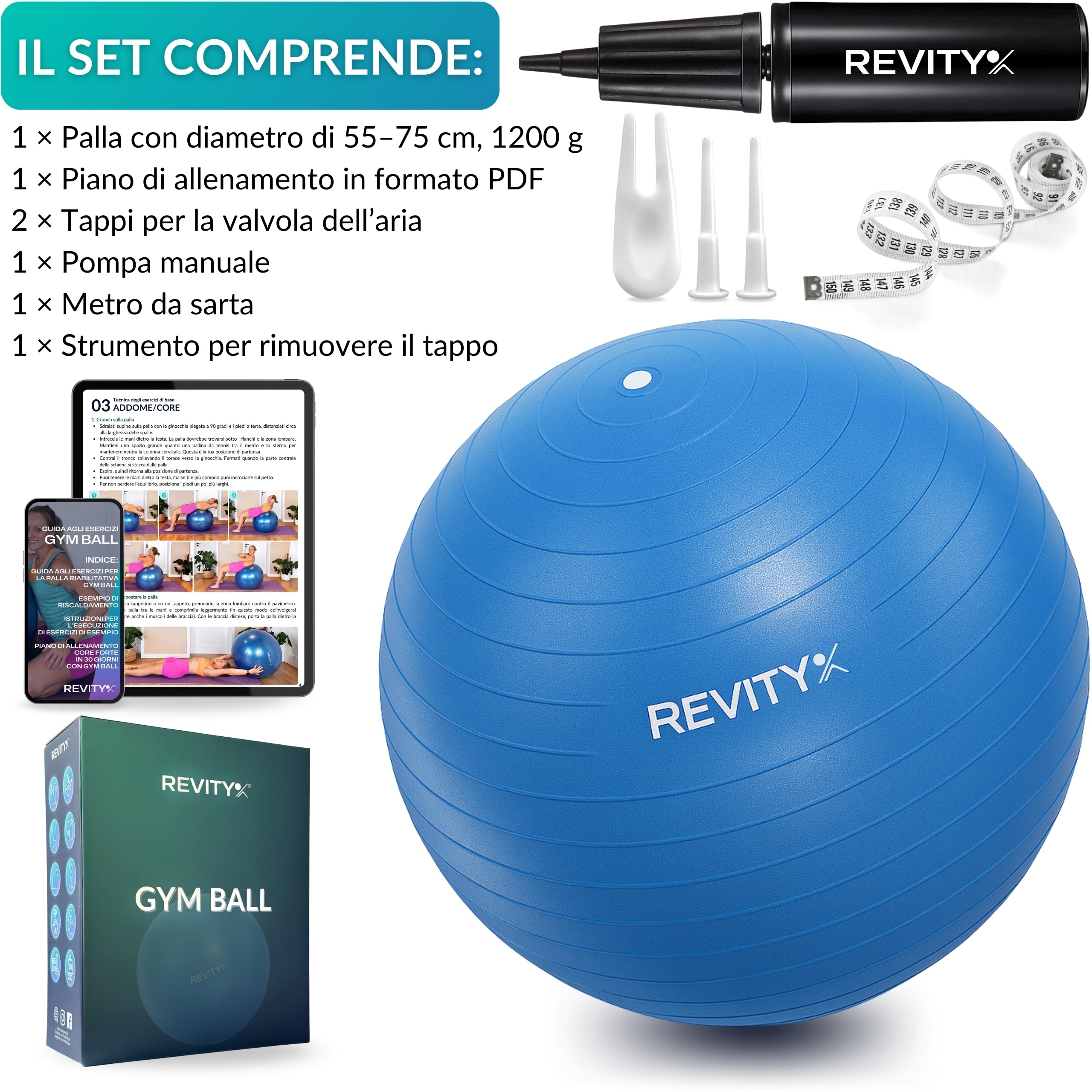 Palla Pilates 65 cm - Fitball Gravidanza Anti-Burst, Palla Pilates Grande per Esercizi e Yoga, Antistatica e Antiscivolo, 250 kg, con Pompa, 2 Valvole e Guida PDF di Allenamento