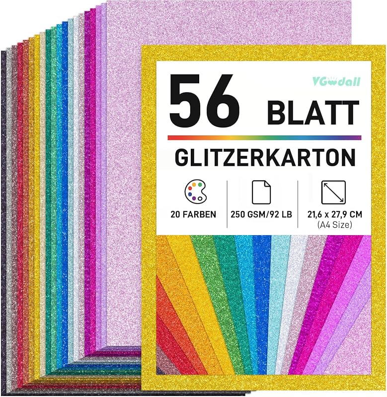 Trblietavý papier VGOODALL na tvorenie, 56 listov A4, 20 farieb, 250 g/m²