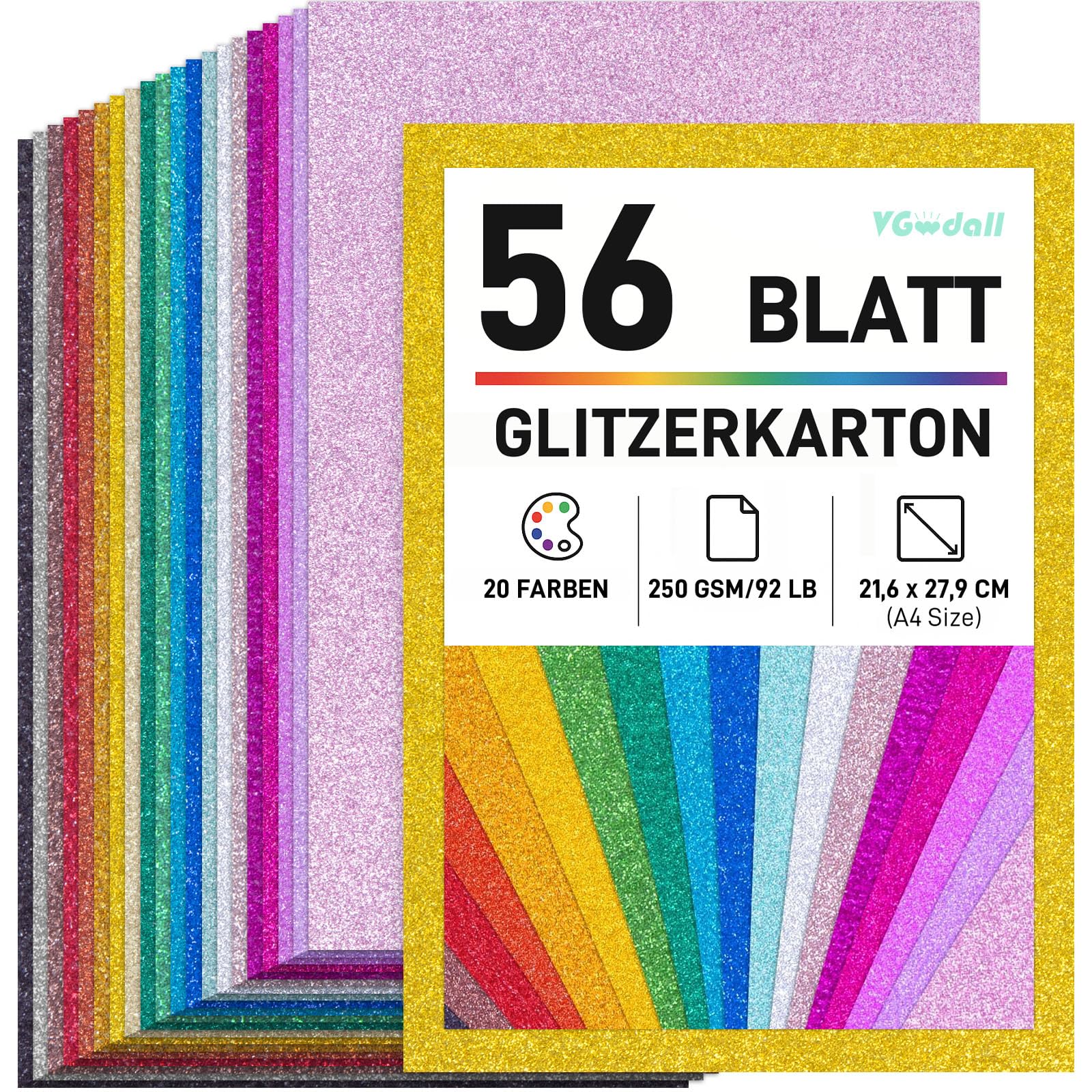 VGOODALL Glitzerpapier zum Basteln, 56 Blatt A4 20 Farben 90lb/250g/m² Glitzer Kartonpapier, Buntes Bastelpapier für Weihnachtskarten, Weihnachtsdeko, Geschenkverpackung und DIY Handwerk