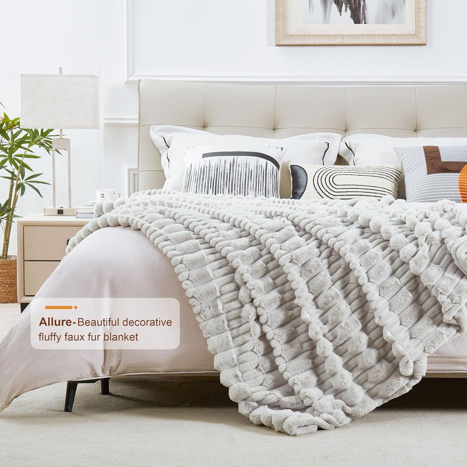 JONIYEAR Soft Fluffy Striped Faux Rabbit Fur Throw Blanket for Couch 50" x 60", Decorative 3D Geometric Warm Fuzzy Fur Blankets for Winter, Reversible Shaggy Accent Cozy Furry Blanket for Sofa, Grey - Image 3