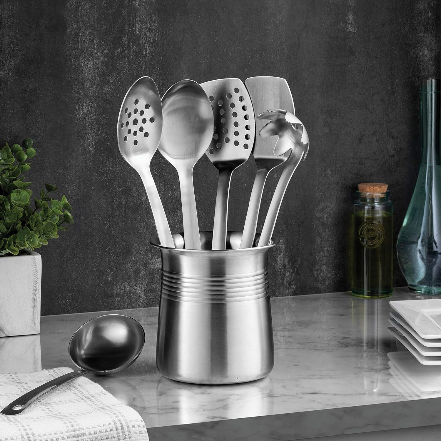 Premium Stainless-Steel Kitchen Utensil Set - 7-Piece Heat Resistant Kitchen Gadgets - Cooking Utensils Set - Weighted Utensil Holder for Stability - Ladle, Turner, Spoon, Pasta Server, Utensil Caddy. : Home & Kitchen