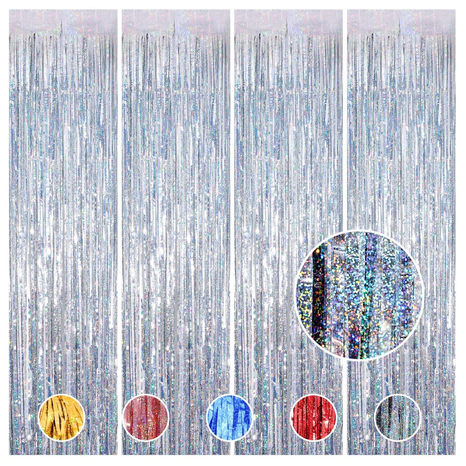 Yunlly 4 Pcs Tinsel Foil Fringe Backdrop Curtains for Party Decoration Metallic Sequin Streamer Backdrop Bling Glitter Disco Party Photo Props Wedding Birthday Decor (Silver, 3.3 x 9.8 ft)