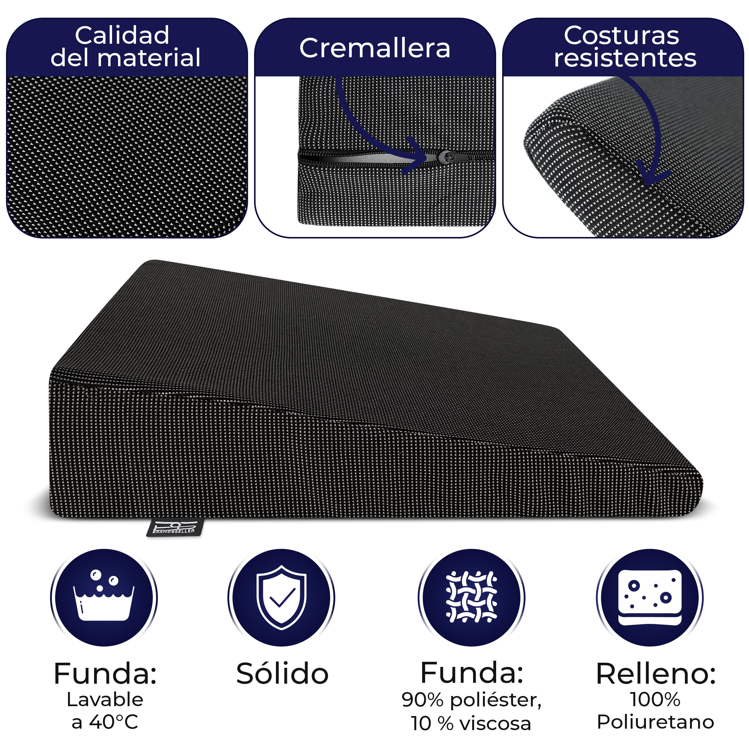 Brandsseller - Cojín en forma de cuña para silla, asiento de coche, silla de oficina (38 x 38 x 8/2 cm), algodón, Negro , 38 cm x 38 x 8/2 cm
