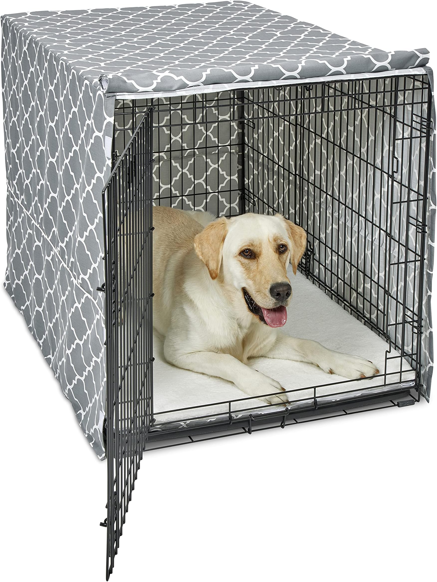 MidWest Homes for Pets Large Dog Crate Cover Featuring Teflon Fabric Protector, Poly-Cotton Privacy Kennel Cover Fits Most 42-inch Crates, Gray Designer Print, Machine Washable, Reduces Barking