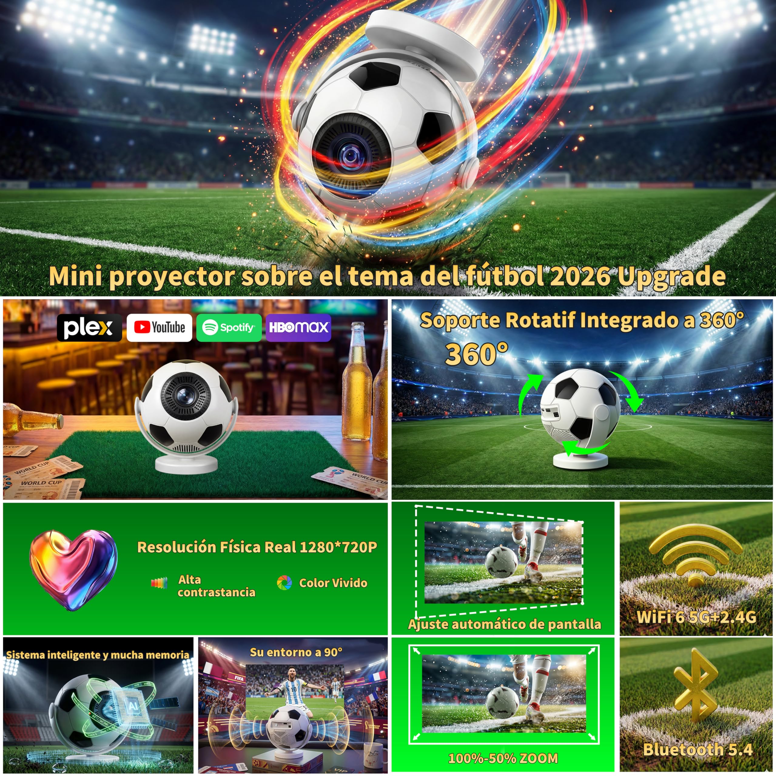 [Built-in Apps & 2026 Football Proyector] Mini Proyector Support 4K 1280P with WiFi 6 and Bluetooth 5.4, Auto Keystone 360° Rotatable Projector Portable Compatibile with HDMI/TV Stick/USB - White