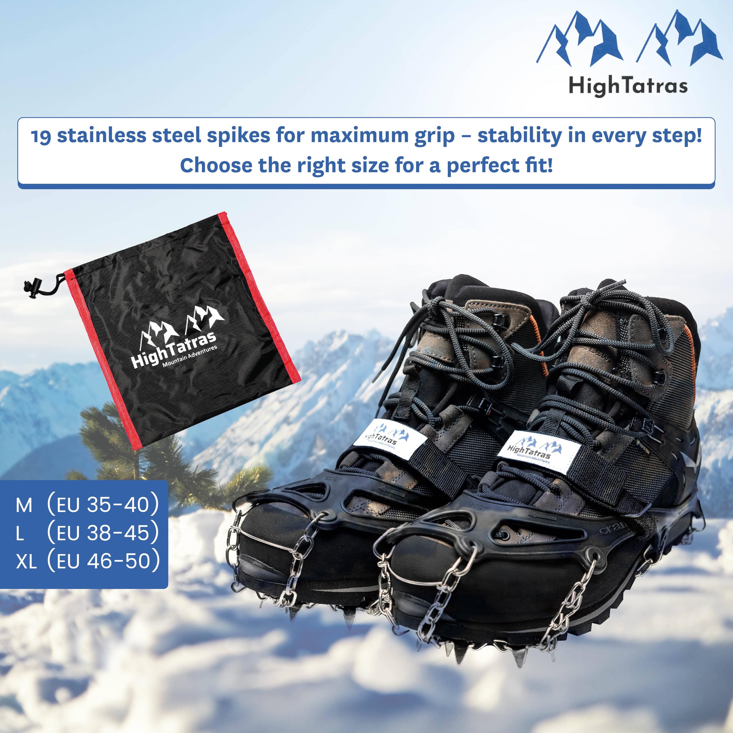 High Tatras Ramponi per scarponi taglie M, L, XL, punte antiscivolo, ramponi da montagna per neve e ghiaccio, per trekking invernale, 8 o 18 punte in acciaio