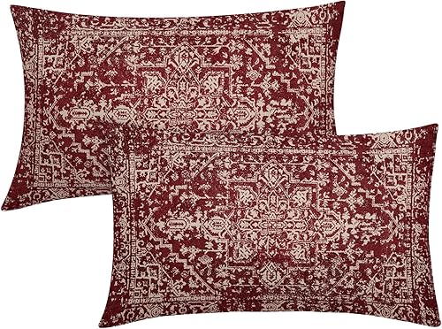 Juego de 2 fundas de almohada lumbares bohemias de color rojo burdeos de 12 x 20 pulgadas, fundas de almohada rectangulares decorativas étnicas de