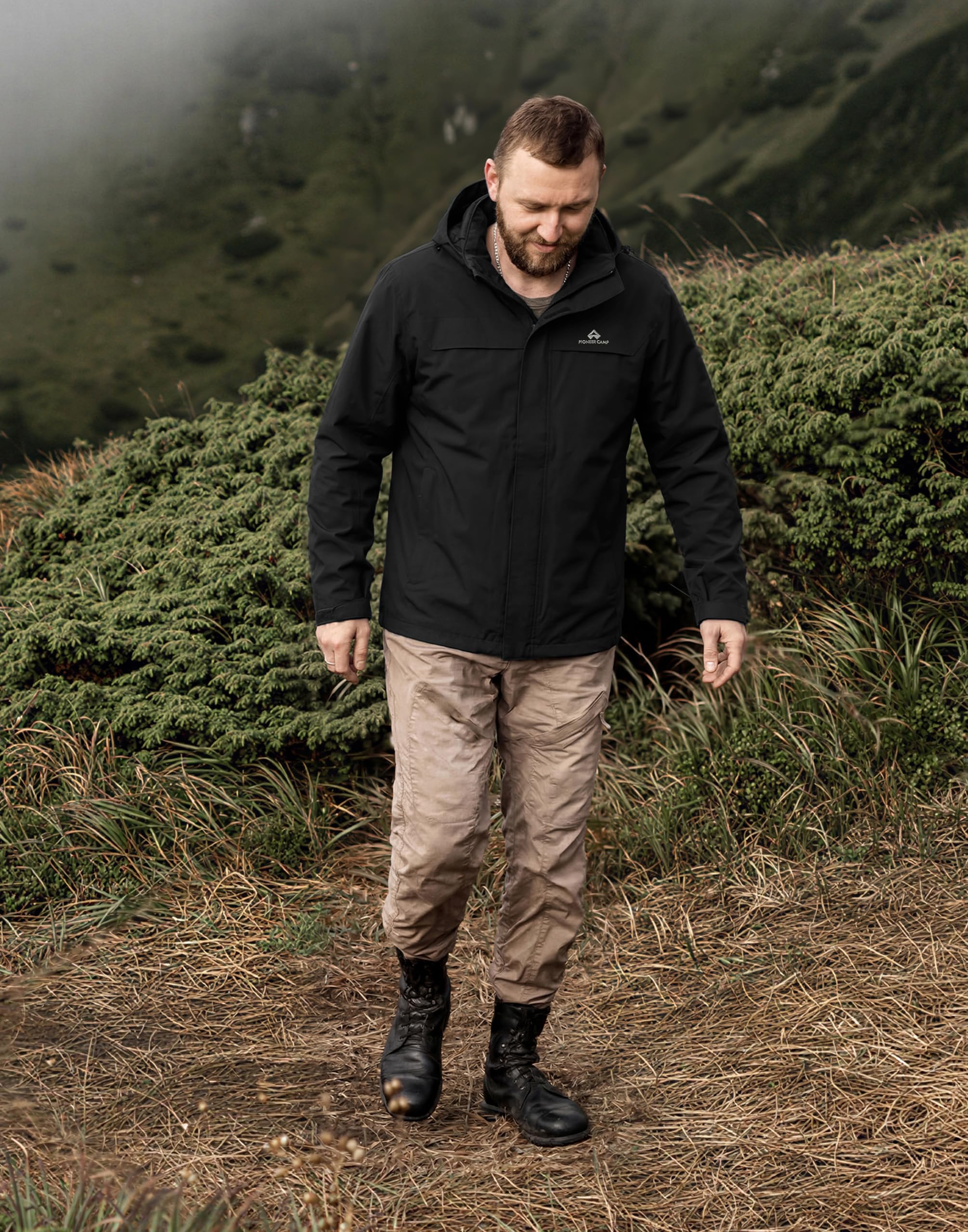 Pioneer Camp Regenjacke Herren Wasserdicht mit Kapuze Verstellbarem Saum Outdoorjacke 3 Reißverschlusstaschen und Klettverschluss