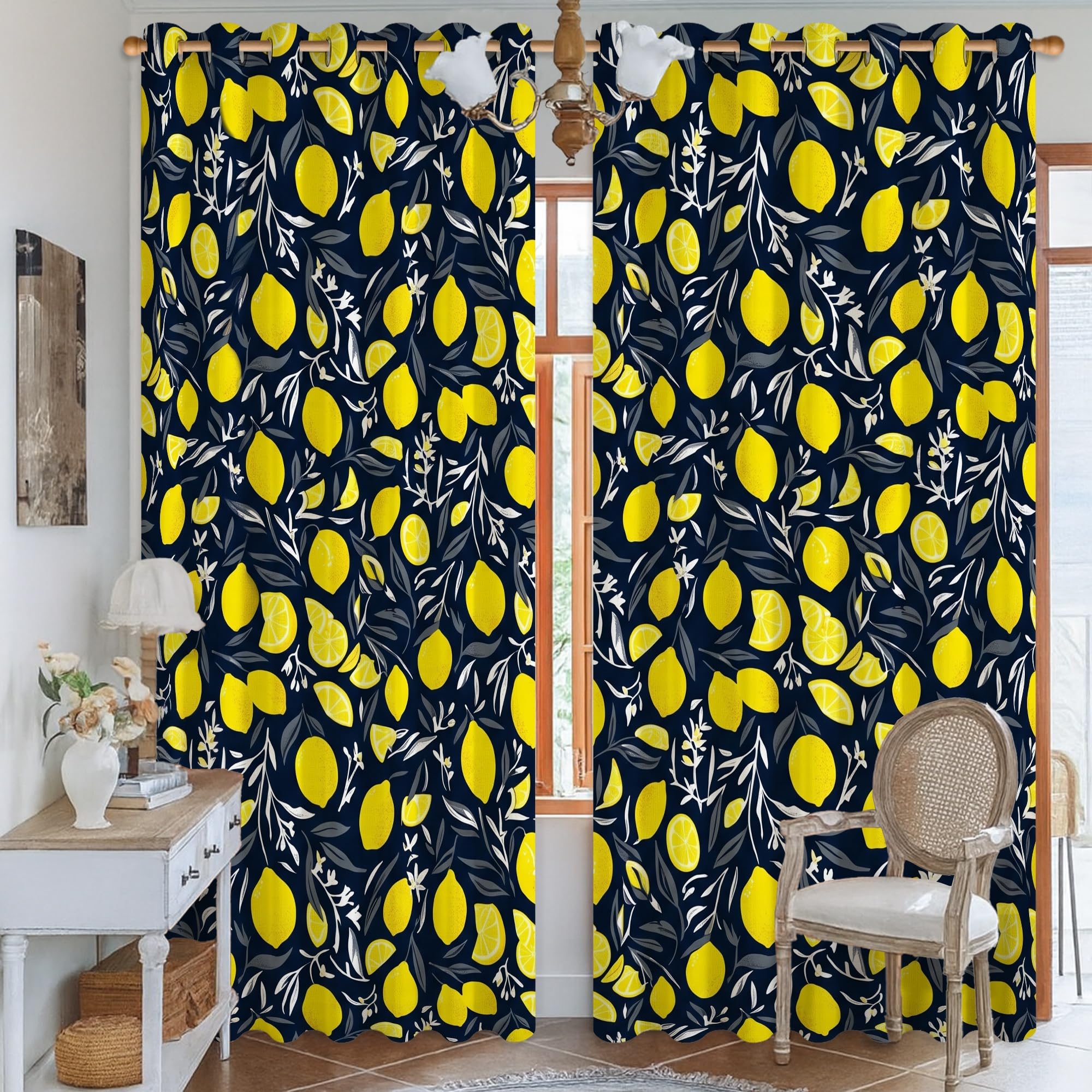 Rideaux occultants motif feuilles tropicales d'été rideau thermique jaune citron 132x241