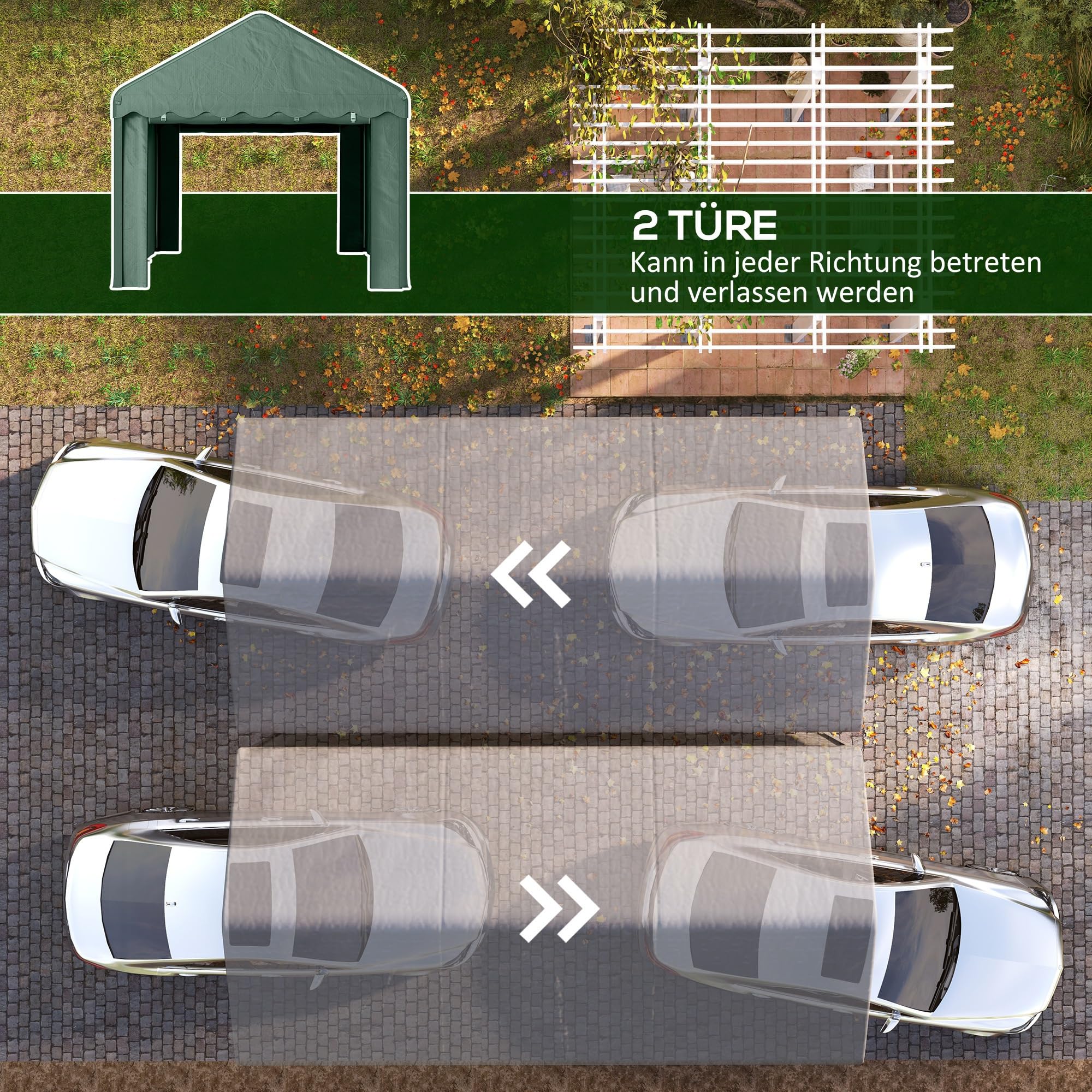 Outsunny Carport 3x6 m wasserdicht Garagenzelt mit Rolltüren, abnehmbaren Seitenwänden, UV-beständig Lagerzelt mit Dach, Zeltgarage Garagenüberdachung Unterstand Weidezelt für Auto, LKW, SUV, Grün