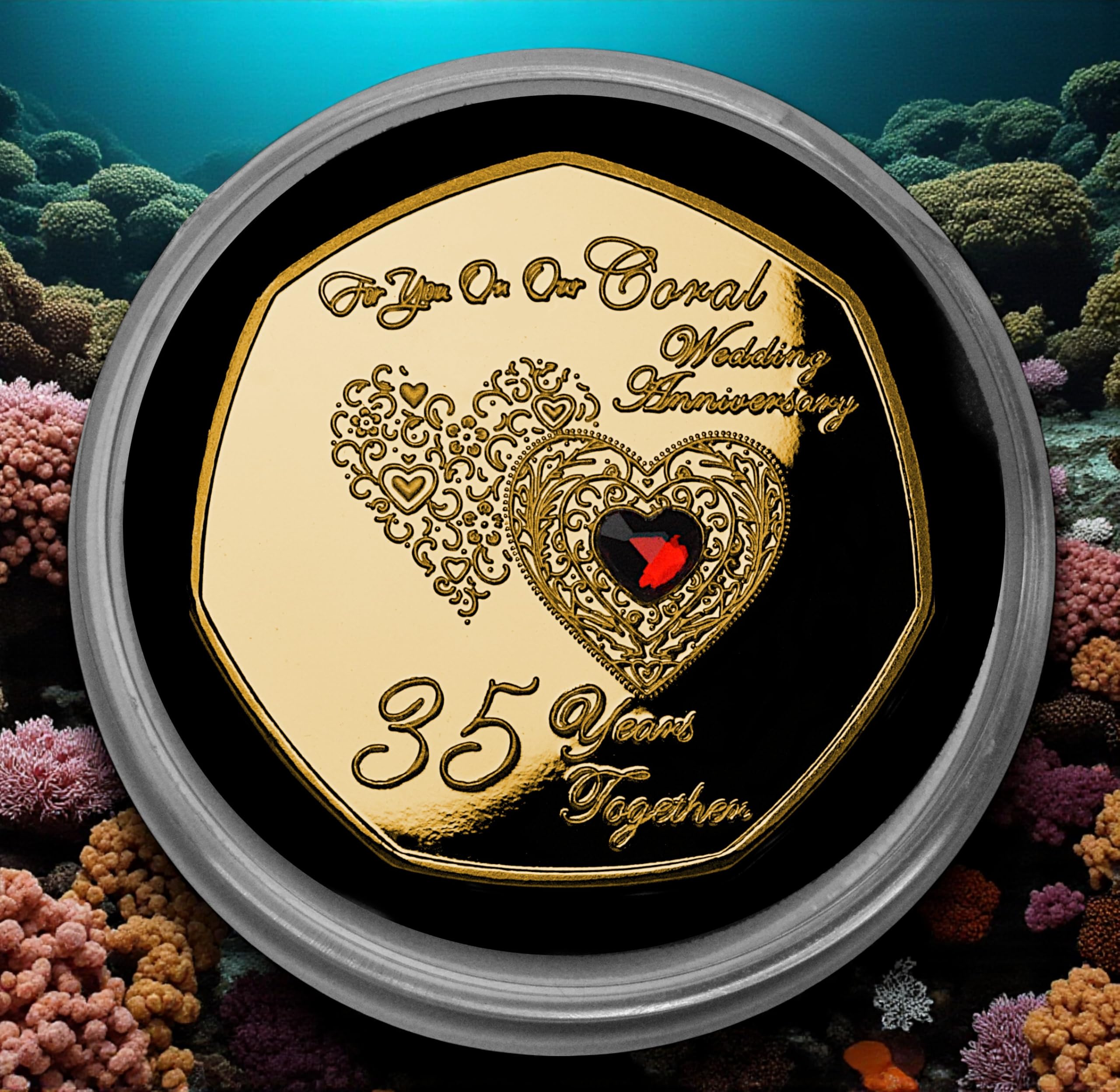 The Commemorative Coin Company ON OUR 35th CORAL WEDDING ANNIVERSARY 24ct Gold Commemorative in Capsule. Diamante Gemstone. 35 Years Together Husband/Wife/Partner Gift/Present/Token/Love