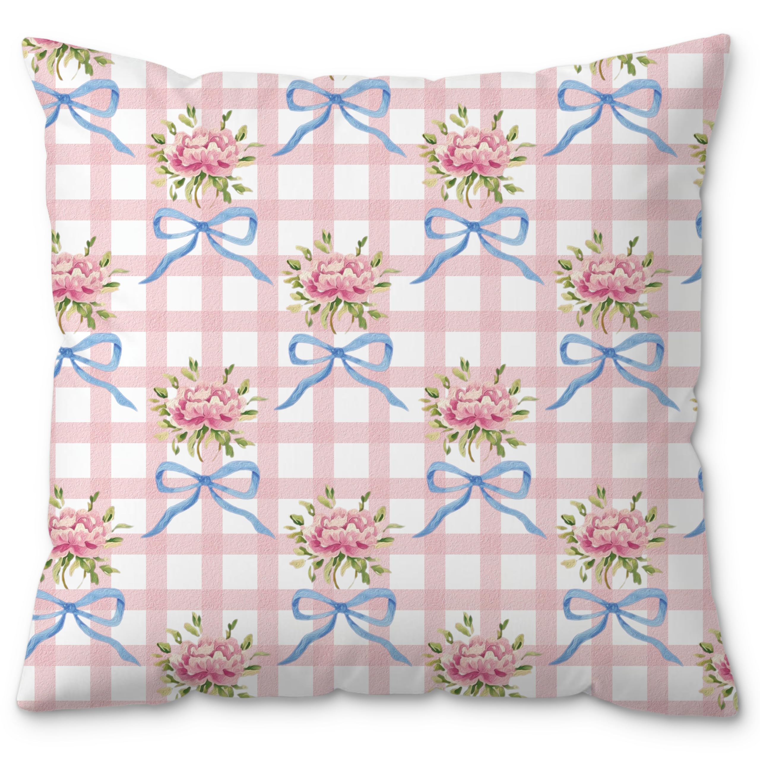 ROXMART Preppy Pink Floral Checkered Pillow Covers 18x18 Grandmillennial Home Decor Coquette Blue Bow Flower Cottagecore Decorative Pillow