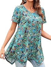 Enmain Women's Tunic Long Summer Plus Size Blouses V Neck Short Sleeve Blouse Chic Elegant Loose Floral Pattern Tops Women Solid Color S-3XL