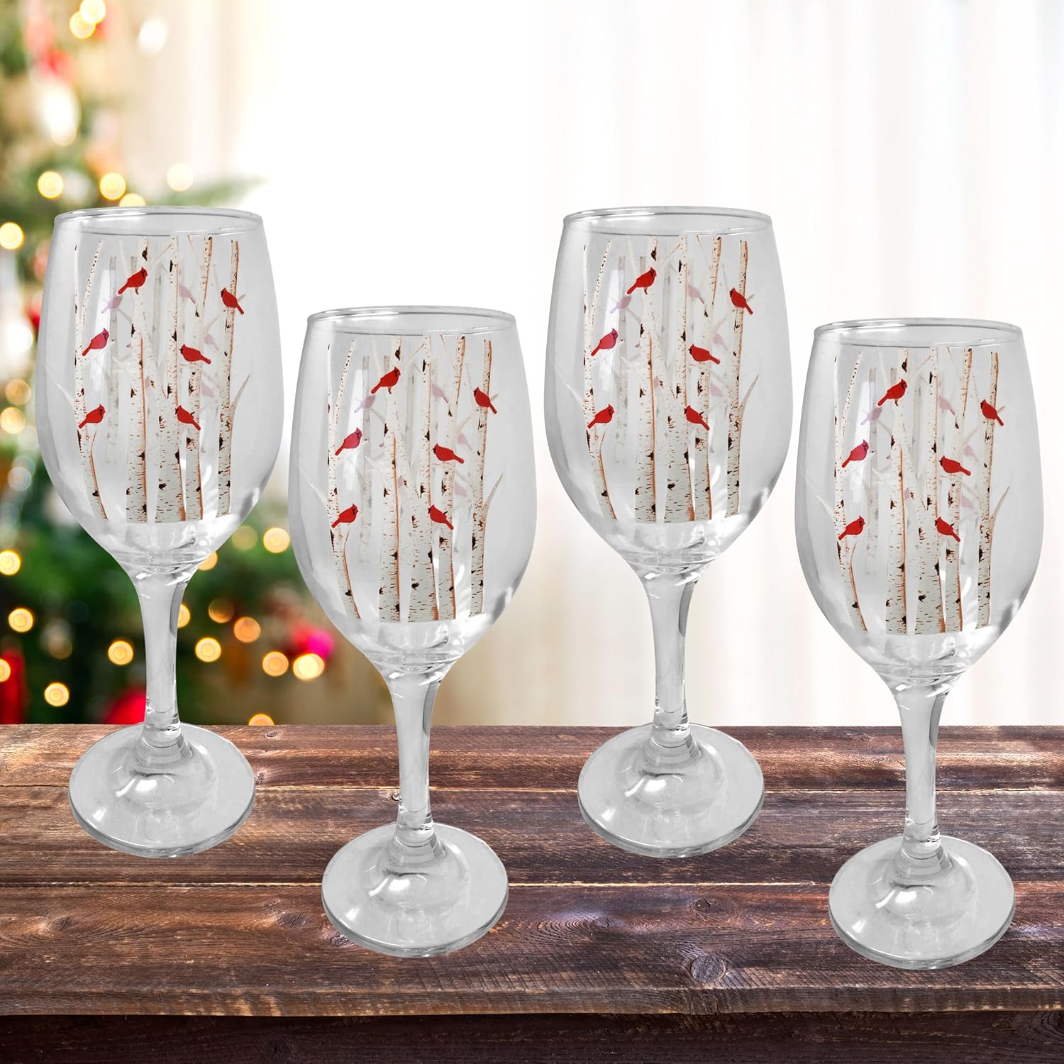 BANBERRY DESIGNS Cardinal Wine Glasses - Set of 4 - Stemmed - Cardinals Perched on White Birch Trees - Measure 7 3/4" Tall - Each Glass has 12 oz Capacity
