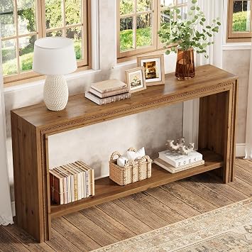 63 Solid Wood Console Table, Farmhouse Narrow Long Entryway Table with 2-Tier Storage Shelf for Living Room, Hallway, Entryway, Easy Assembly, Brown