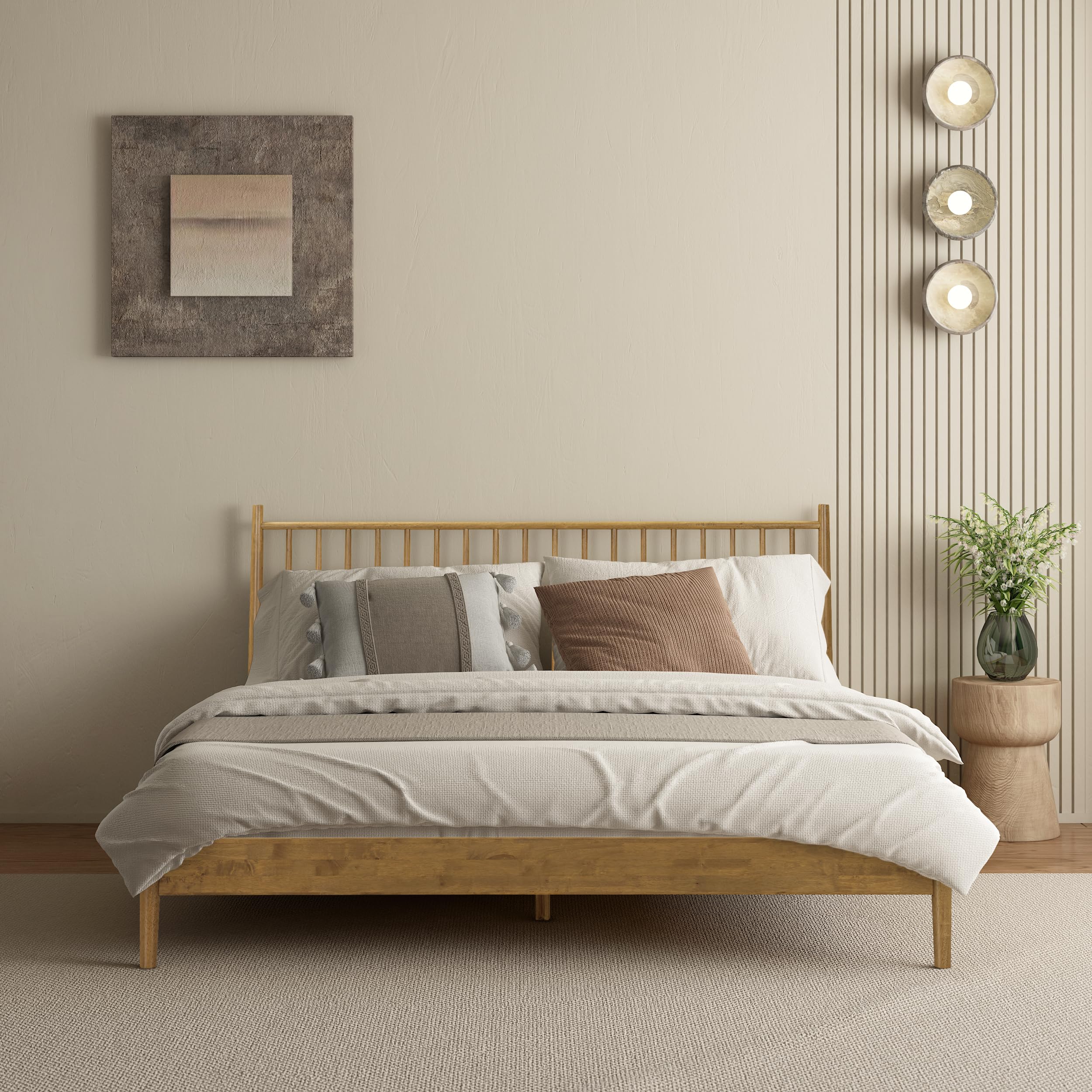 NTC Inno Wooden Bed Frame with Headboard, Solid Oak and Rubber Wood Foundation with Silent Slats and Wood Central Supports, 1000 Lb Capacity, Effortless Assembly, King - Teak Look