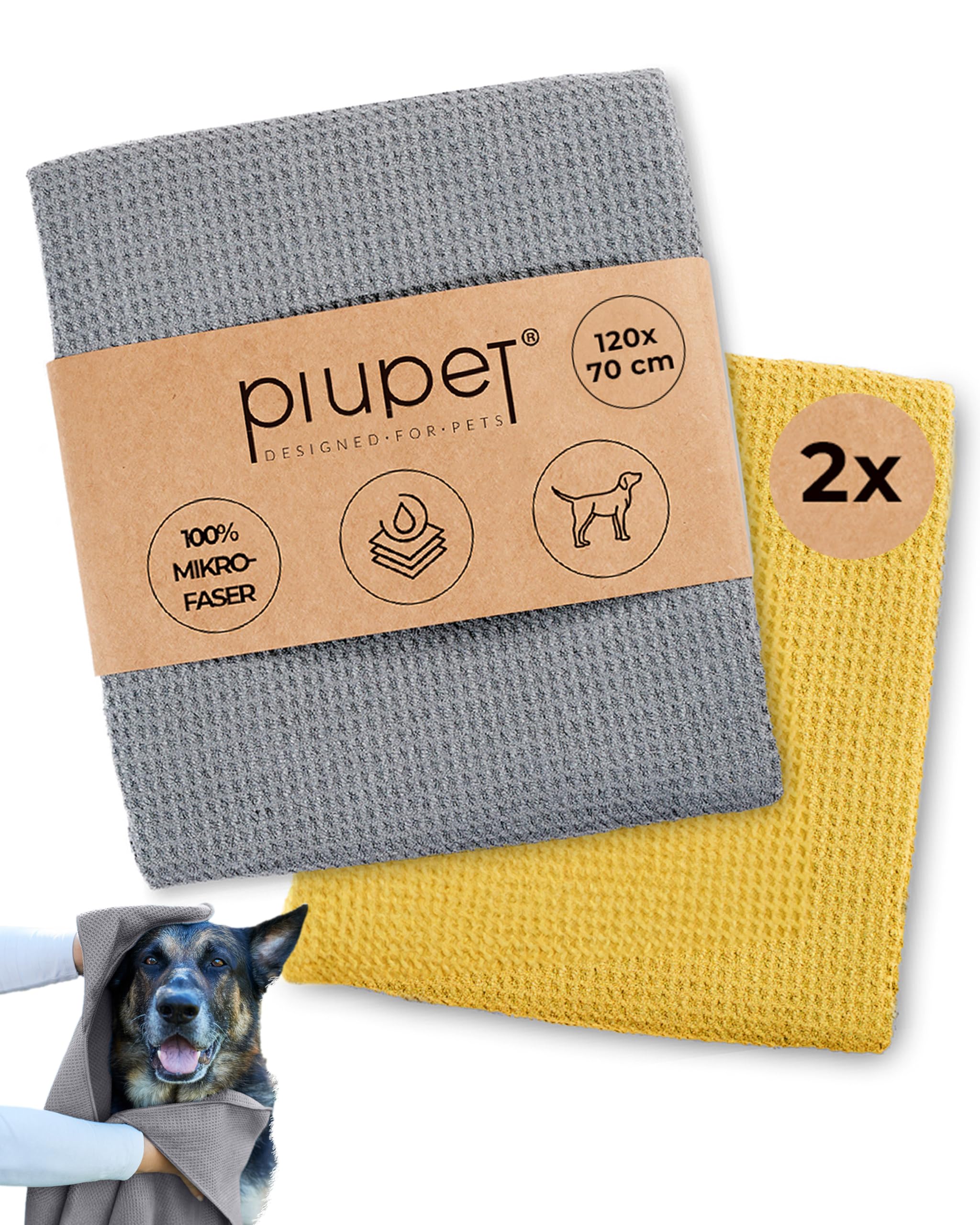 PiuPet® Toalla Perro I 120x70cm I Apto para Lavadora I Toalla Perro Secado rapido I Toalla baño Grandes I Accesorios para Perros I Secador Perro | Toalla para Perros (Set Gris/Amarillo)