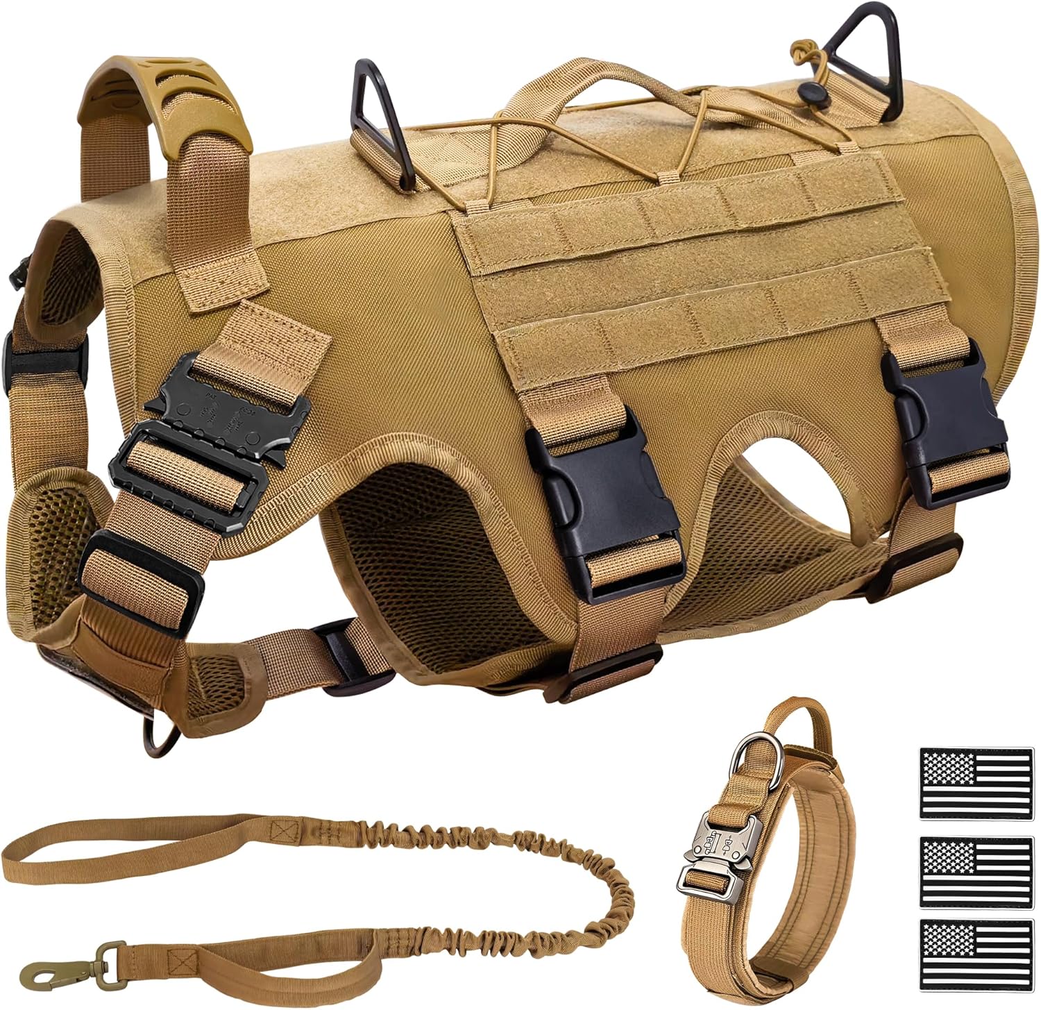 Tactical Dog Harness for Large Dog, Dog Collar and Bungee Leash Set No-Pull Military Dog Harness - Walking Training Gear for Large Dogs, Adjustable for Medium,Chest 21.5"-45", Khaki