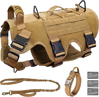 Tactical Dog Harness for Large Dog, Dog Collar and Bungee Leash Set No-Pull Military Dog Harness - Walking Training Gear for Large Dogs, Adjustable for Medium,Chest 21.5"-45", Khaki