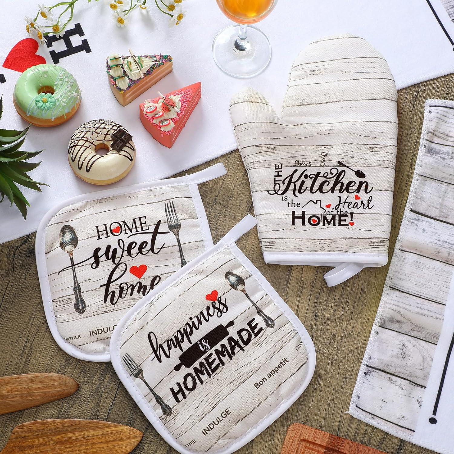 Rtteri 5 Pcs Farmhouse Dish Towels Pot Holders Oven Mitts Set 2 Vintage Wood Planks Kitchen Towels 1 Mittens Oven Glove 2 Potholders for Cooking Baking Grilling Supply Holiday, Housewarming Gifts - Image 6